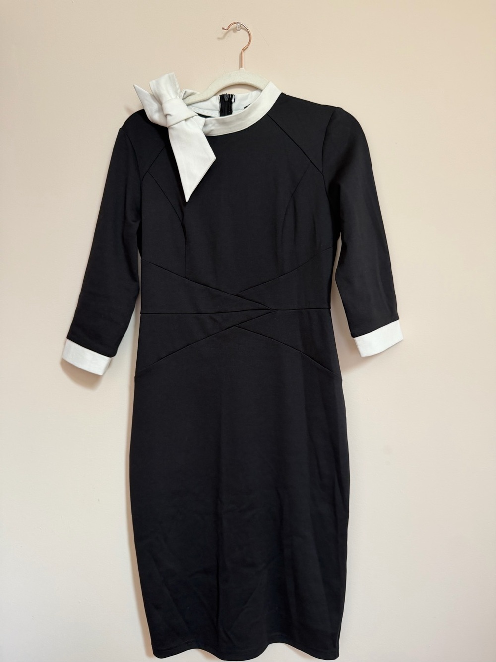 Black Long-Sleeve Sheath Dress with White Bow Collar